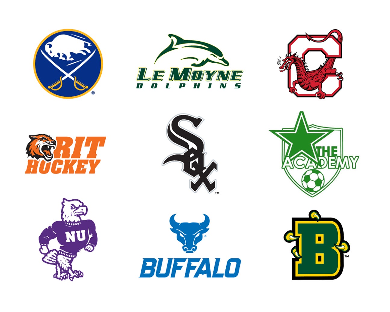 Logos from teams WellNow works with including Buffalo Sabres , LeyMoyne College Dolphins, SUNY Cortland Red Dragons, Rochester Institute of Technology Tigers Hockey, Chicago White Sox, NorthStars Soccer Skills Academy, Niagra University Purple Eagles, University at Buffalo Bulls, SUNY Brockport Golden Eagles.