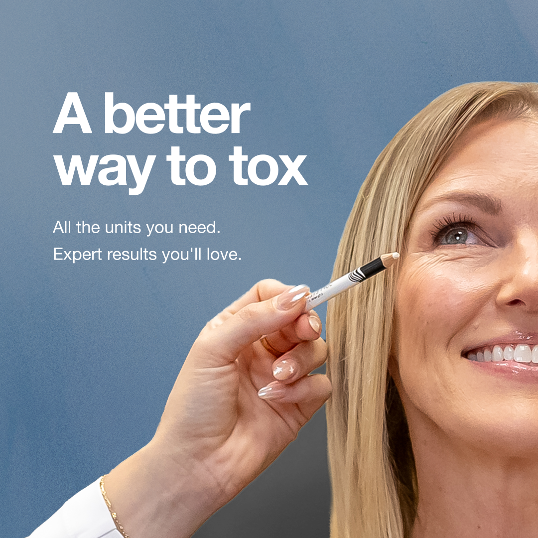 An advertisement for cosmetic "tox" injections, featuring a smiling woman receiving treatment