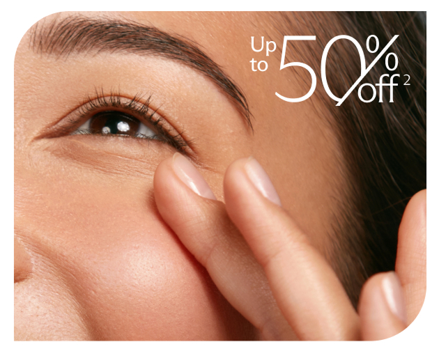 A close-up of an eye, featuring an "up to 50% off" discount