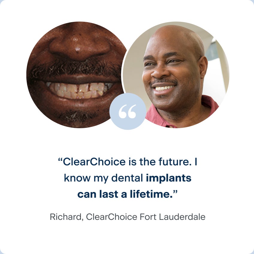 Before and after photos of Richard, a patient from the ClearChoice Fort Lauderdale center, with his new dental implants and his quote: ClearChoice is the future. I know my dental implants can last a lifetime.