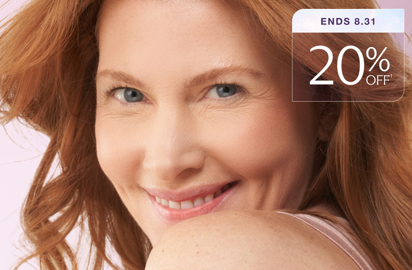 A woman smiles behind a graphic that says "20% off signature laser facial - ends 8.31"