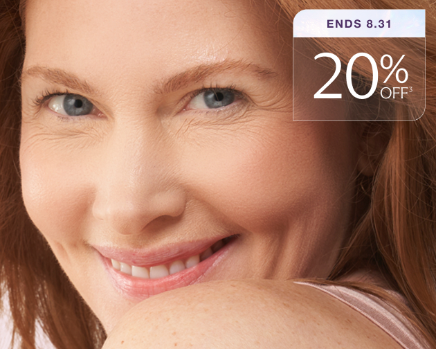 A closeup of a smiling woman's face behind a graphic that says "20% off ends 8.31"