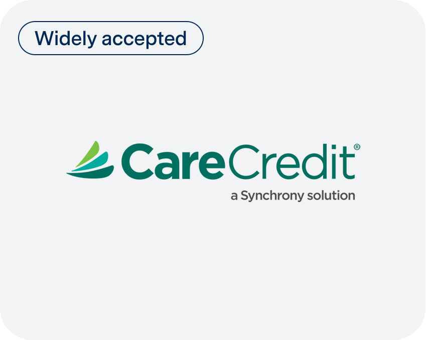 The CareCredit logo with the text “a Synchrony solution” and a label reading “Widely accepted,” displayed on a light background.