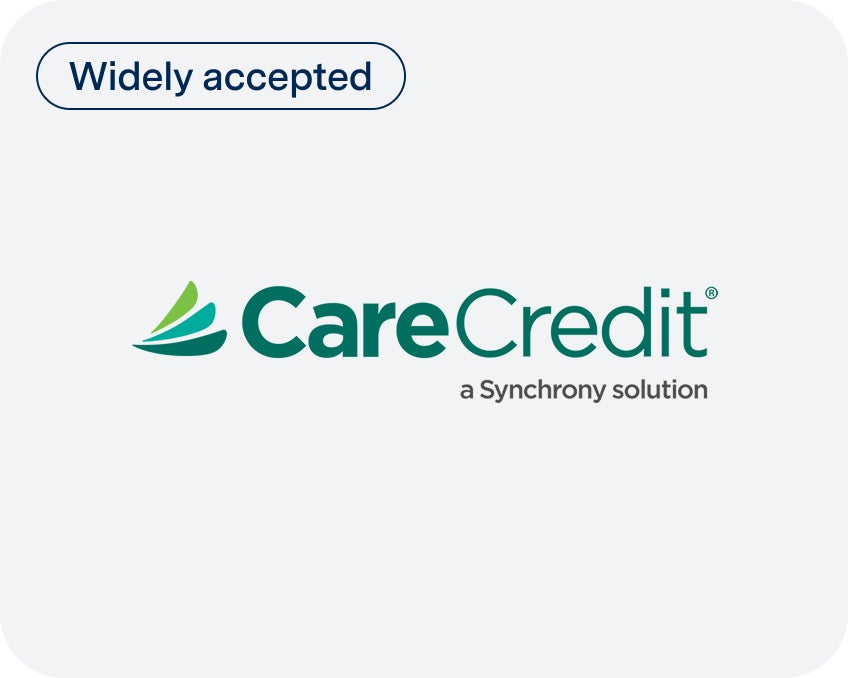 The CareCredit logo with the text “a Synchrony solution” and a label reading “Widely accepted,” displayed on a light background.