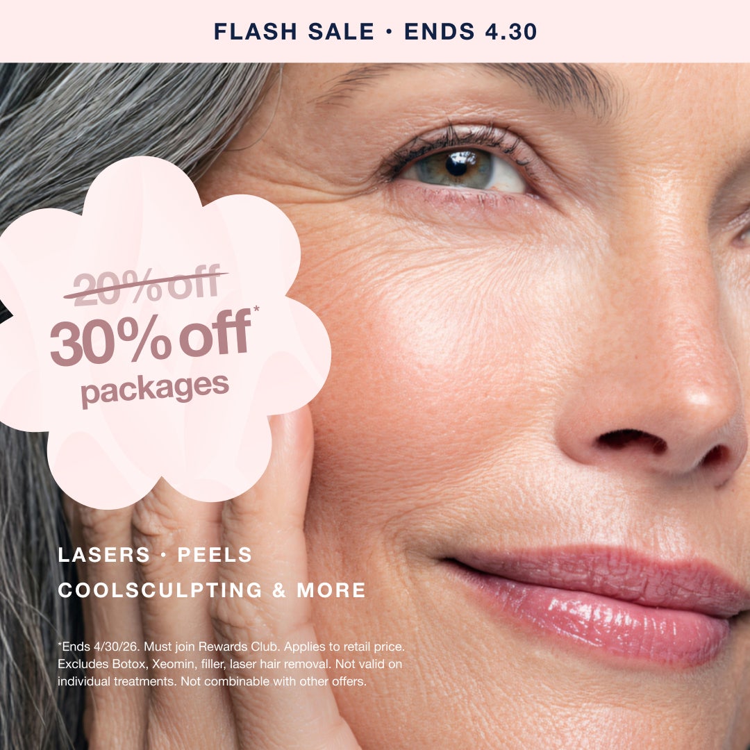 An advertisement for a flash sale on beauty treatments like lasers, peels, and coolsculpting, offering up to 30% off packages and ending April 30th disclaimer: *Ends 4/30/26. Must join Rewards Club. Applies to retail price. Excludes Botox, Xeomin, filler, laser hair removal. Not valid on individual treatments. Not combinable with other offers.