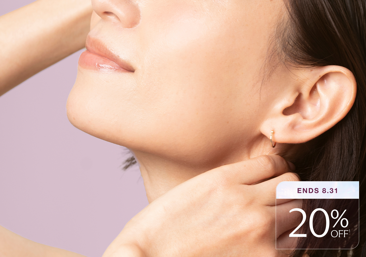 A closeup of a woman's jawline and clear skin against a purple background, with a graphic that reads "20% off, ends 8.31"
