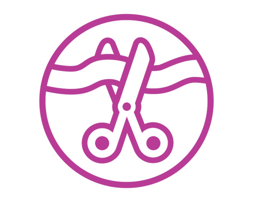 Purple scissors cutting a ribbon icon.