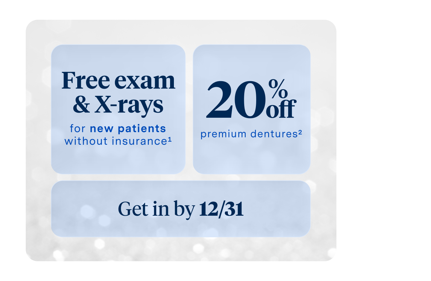 A promotional graphic offering a free exam and X-rays for new patients without insurance, 20% off dental services, and a reminder to schedule by 12/31, displayed on a soft blue background