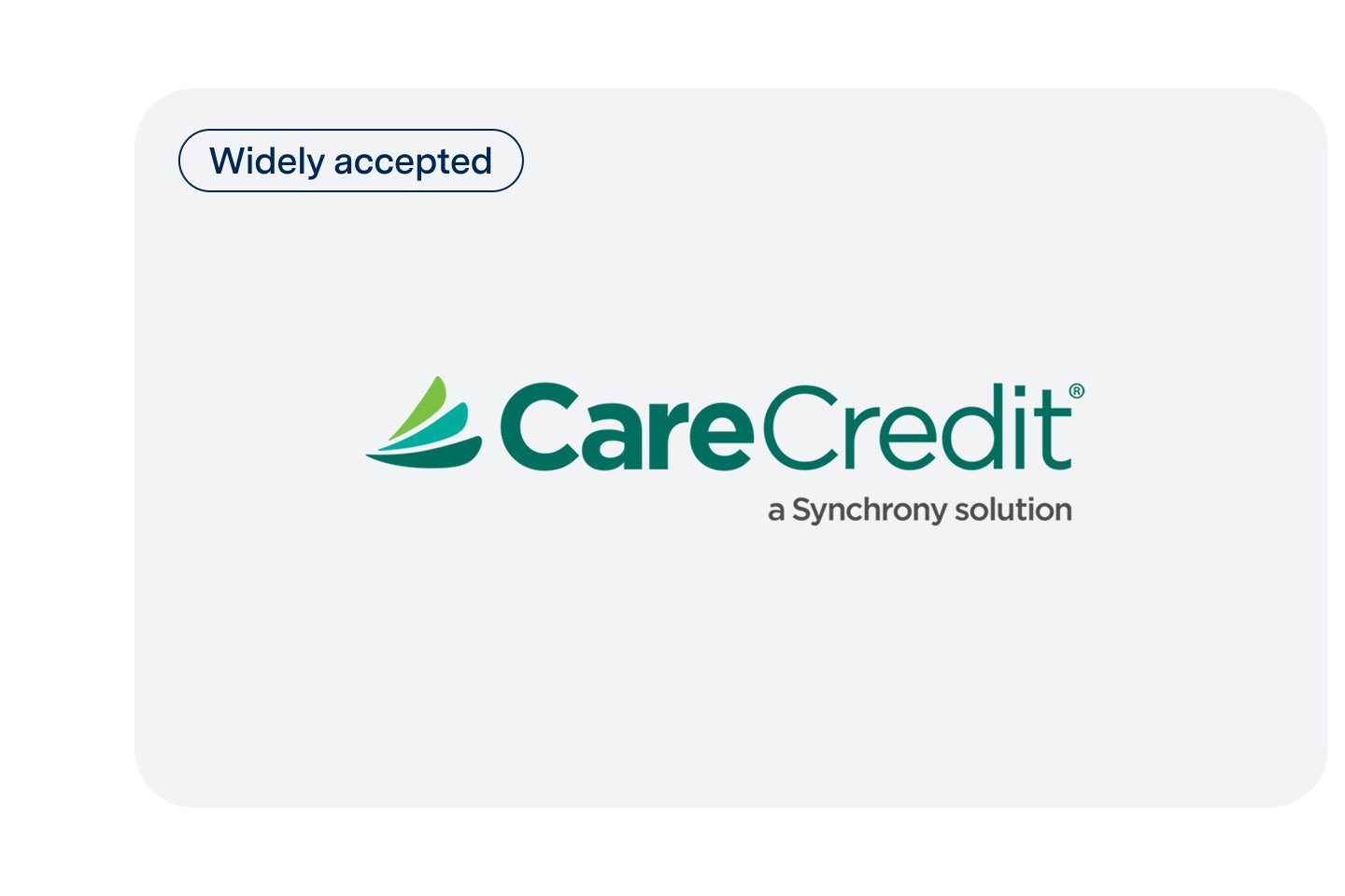The CareCredit logo with the tagline “a Synchrony solution” and a label reading “Widely accepted,” displayed on a light gray background.