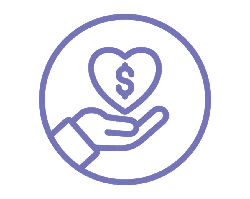Blue hand holding a money heart icon.