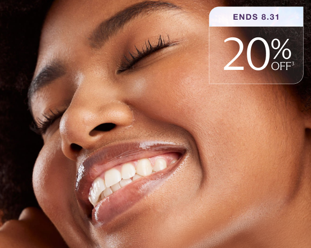 A woman is smiling with a graphic that says 20% off ends 8.31