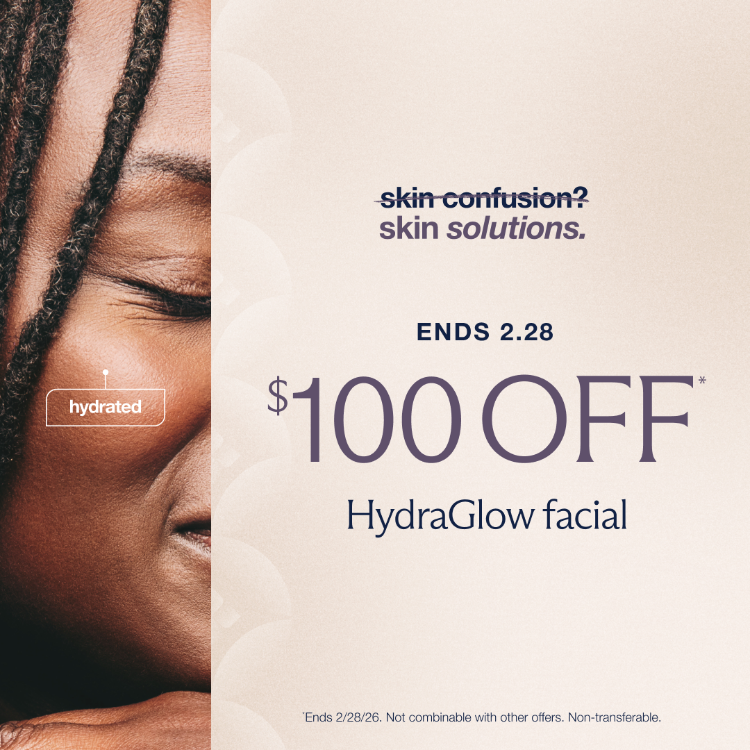 An ad promoting $100 off a hydraglow facial for "skin solutions," valid until february 28