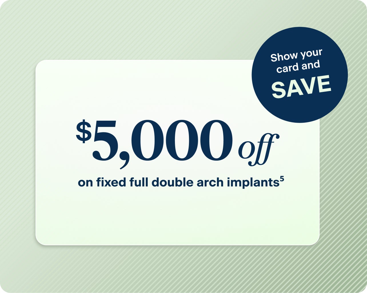Promotional graphic with a light green background featuring a white card that reads “$5,000 off on fixed full double arch implants¹.” A dark blue circular badge in the upper right reads “Show your card and SAVE.” The image highlights a savings offer on fixed full double arch dental implants.
