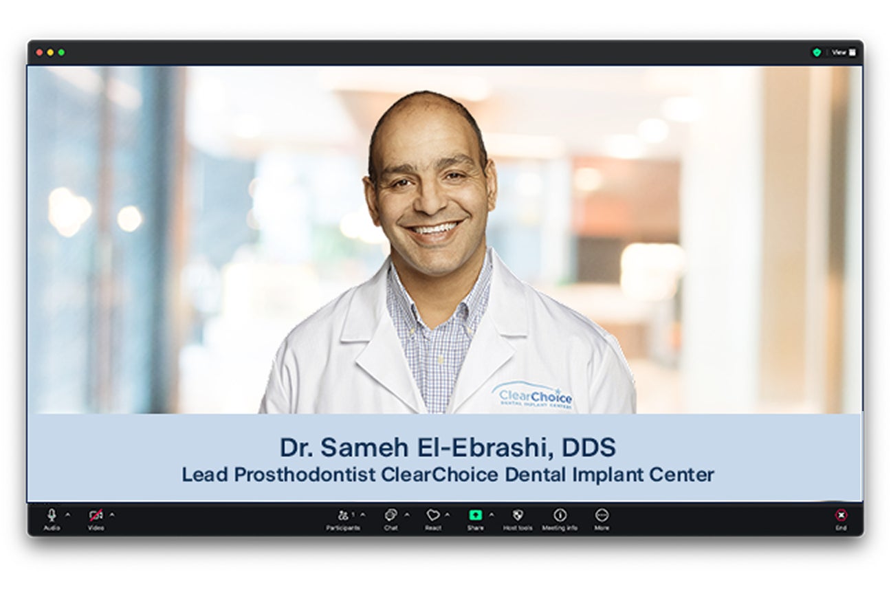 Portrait of Dr. Sameh El-Ebrashi, DDS, Lead Prosthodontist at ClearChoice Dental Implant Center, smiling in a modern clinical environment.