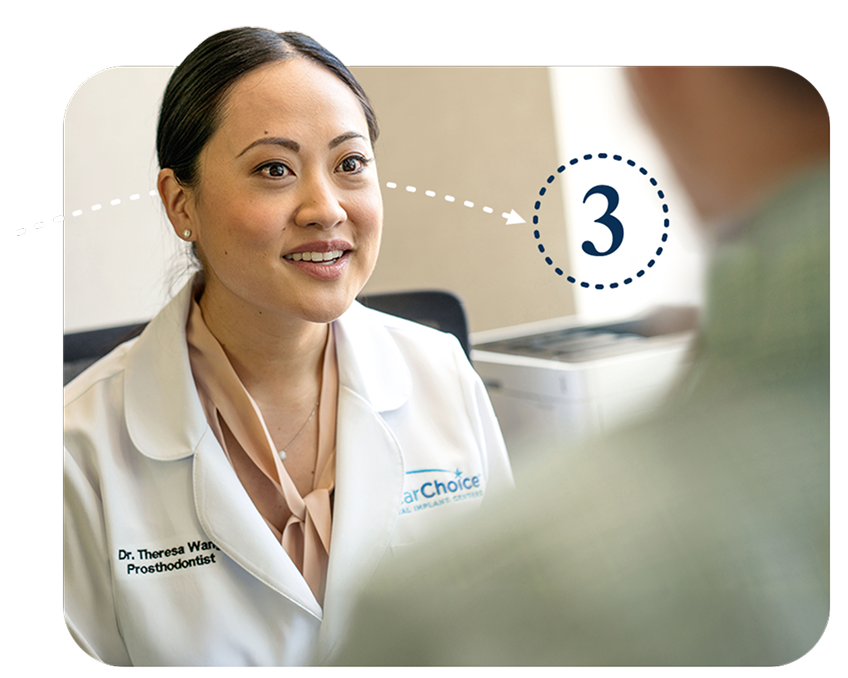 A ClearChoice doctor speaking with a patient during a consultation, illustrating Step 3 of the First Look app process.