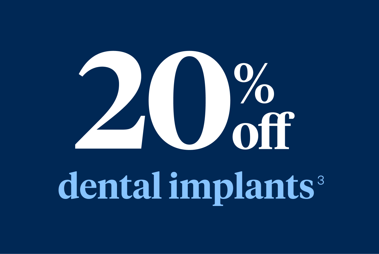 A graphic of white text on a navy blue background that reads "20% off implant dentures"