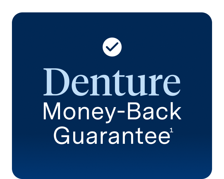 A blue banner displaying a checkmark icon and the text “Denture Money-Back Guarantee,” alongside a message explaining Aspen Dental’s long-standing commitment to denture quality and patient confidence.