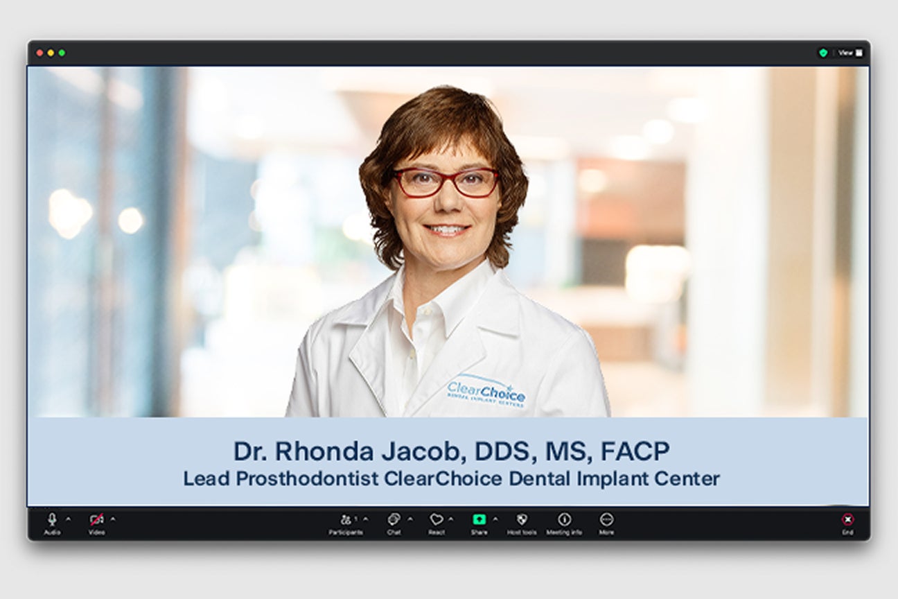 Portrait of Dr. Rhonda Jacob, DDS, MS, FACP, Lead Prosthodontist at ClearChoice Dental Implant Center, smiling in a professional dental setting.