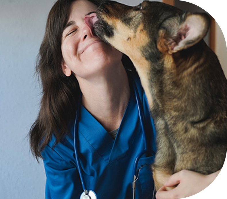 A woman with a stethoscope around her neck kisses a dog on the nose