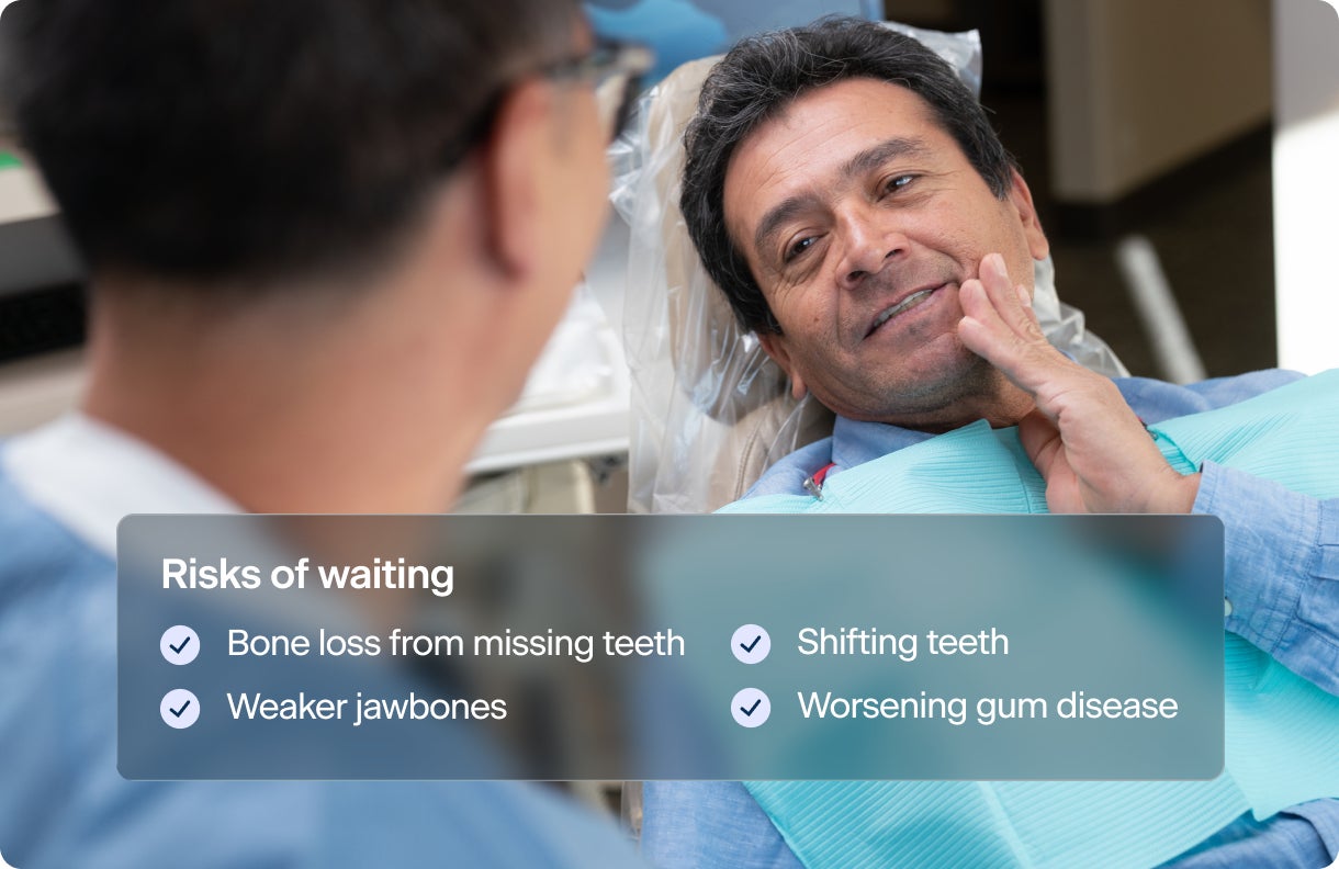 An image of a male patient laying on a procedure chair, describing to the ClearChoice prosthodontist the tooth pain he's been experiencing, with text describing some of the risks of waiting on dental implant treatment, including bone loss from missing teeth, weaker jawbones, shifting teeth, and worsening gum disease.