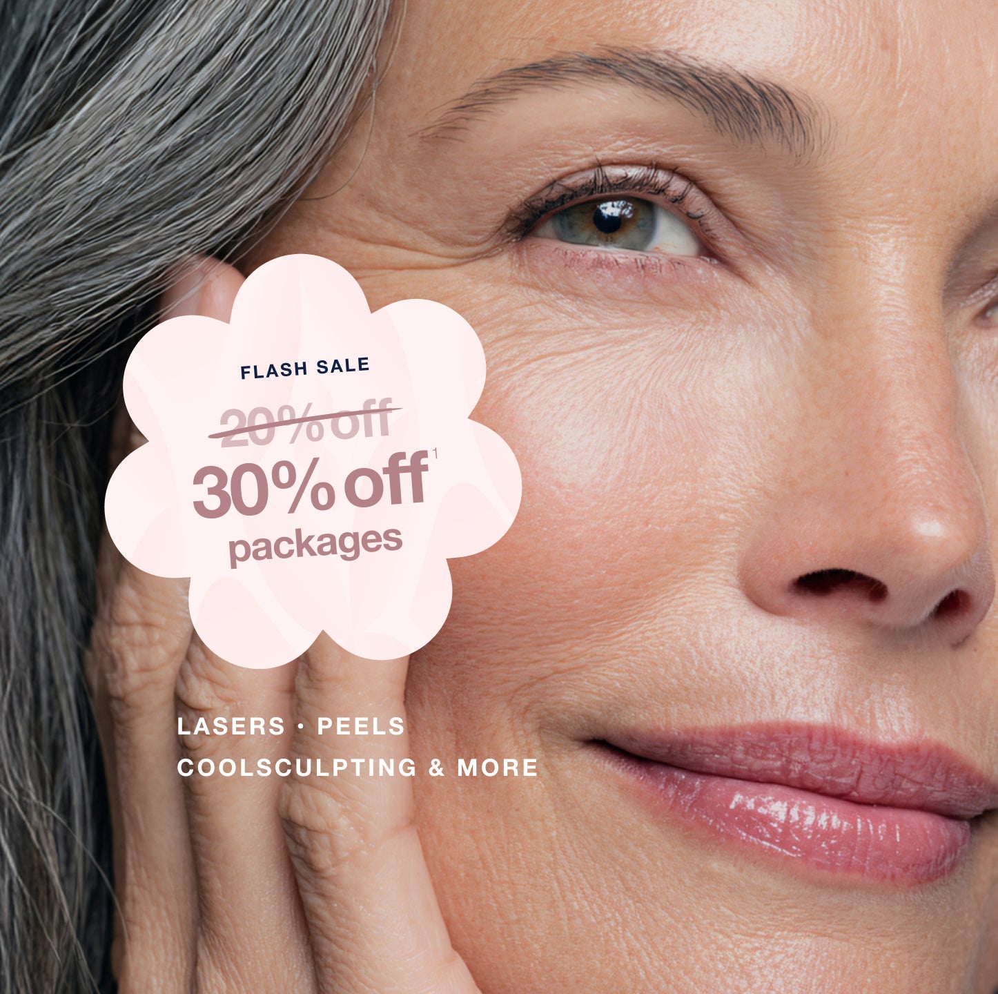 An advertisement shows a mature woman's face with an overlay promoting a flash sale for 30% off beauty packages including lasers, peels, and coolsculpting