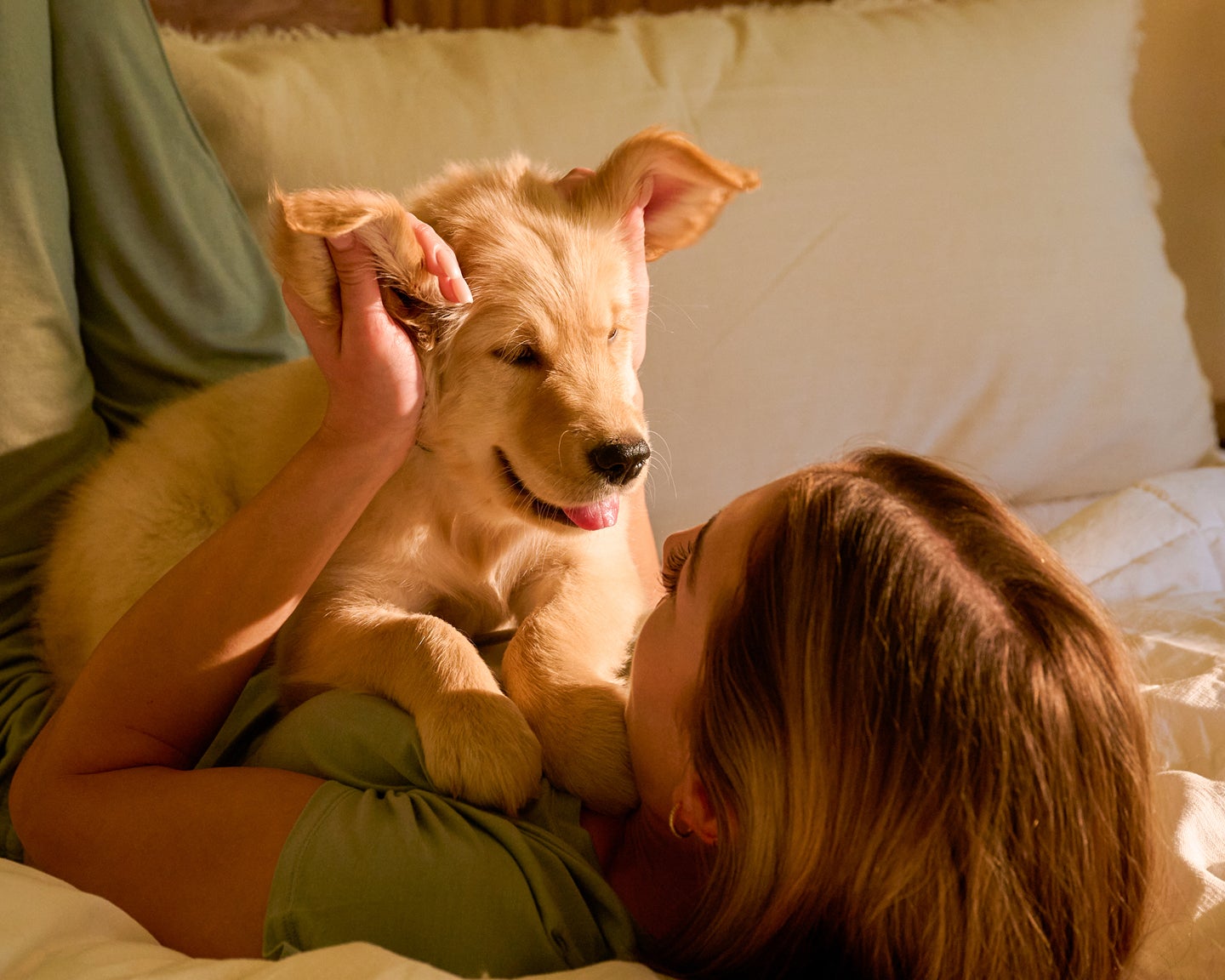 Golden retriever puppy cuddling with its owner on a bed, representing a healthy start for new puppies with proper vaccinations and preventive care.