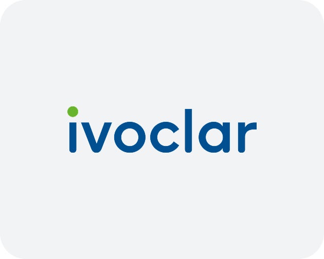 A blue logo against a gray background which reads "Ivoclar"