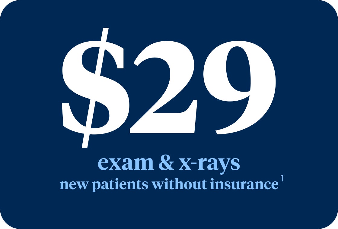 A promotional graphic displaying “$29 exam &amp; X-rays¹” with text indicating the offer is for new patients without insurance.