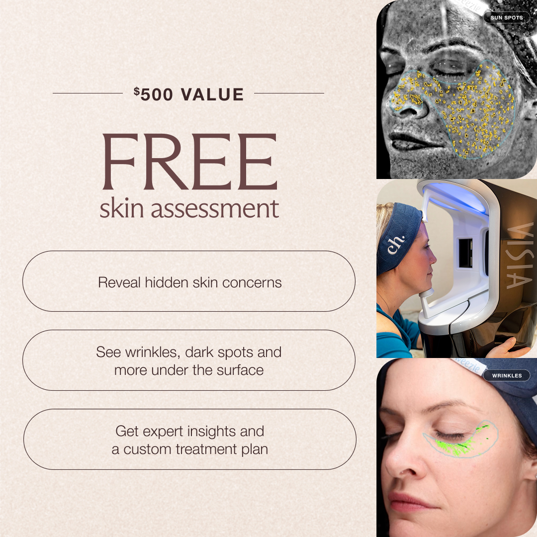 A series of three images showing a woman getting a skin assessment next to a graphic which reads "$500 value free skin assessment -Reveal hidden skin concerns -See wrinkles, dark spots and more under the surface - Get expert insights and a custom treatment plan