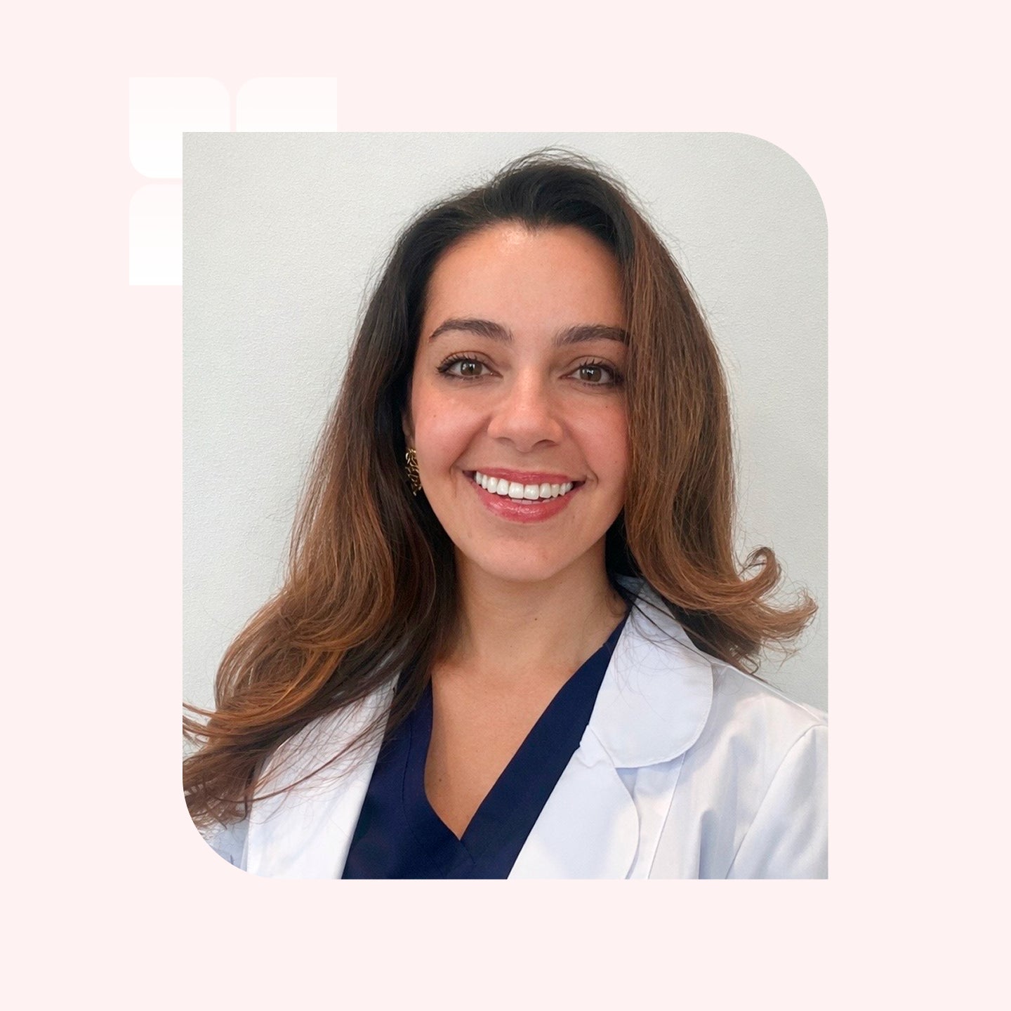 A smiling woman with long brown hair wearing a lab coat, inset in a pink graphic frame