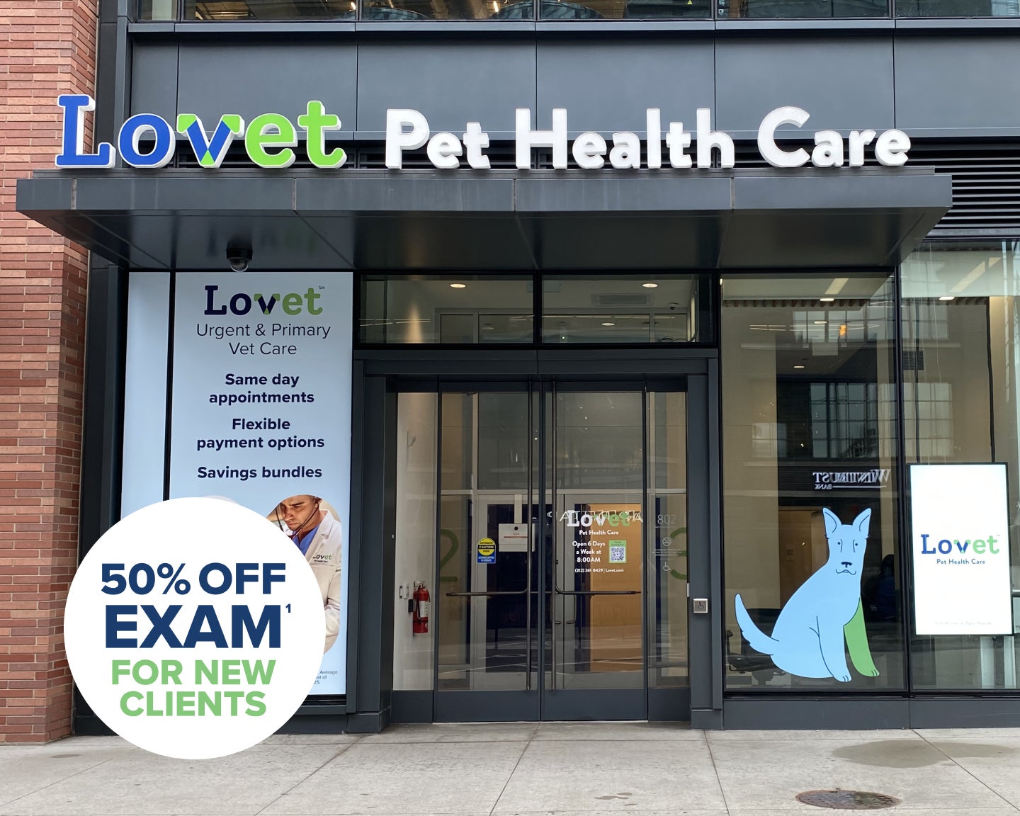The exterior of Lovet Fulton Market, with a sticker on Lovet's 50% off first exam promotion.