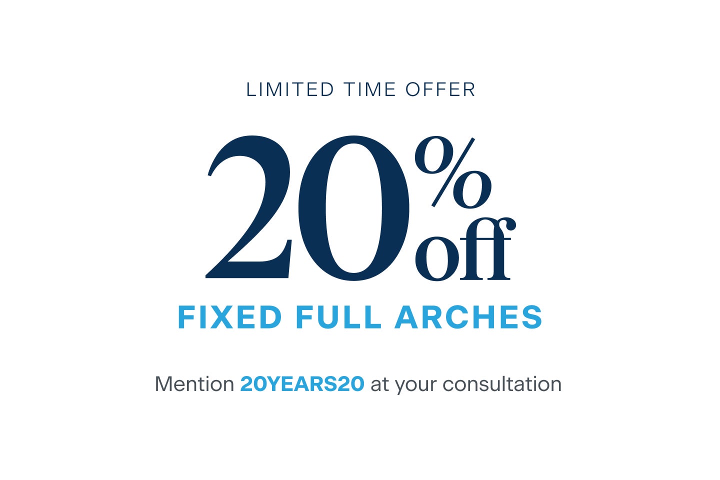 A banner that says limited time offer for 20 % off fixed full arches. Mention 20years20 at your consultation. 