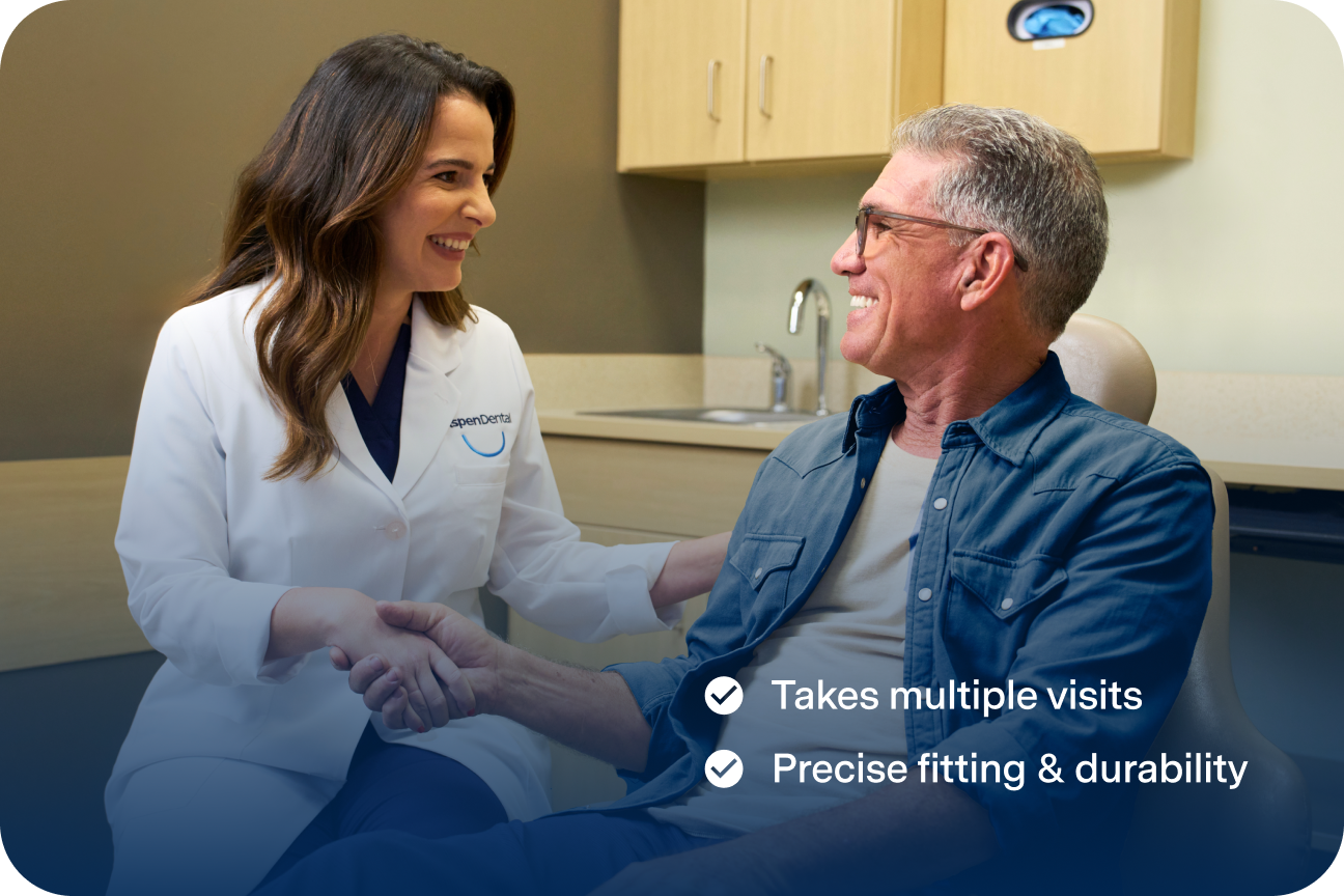 An Aspen Dental dentist smiles while shaking hands with a male patient in the exam chair, with text noting that the treatment takes multiple visits and offers precise fitting and durability.