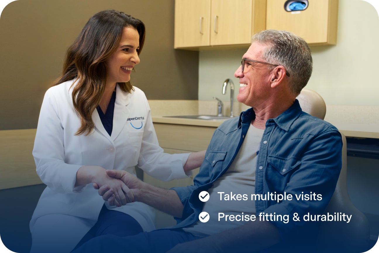 An Aspen Dental dentist smiles while shaking hands with a male patient in the exam chair, with text noting that the treatment takes multiple visits and offers precise fitting and durability.