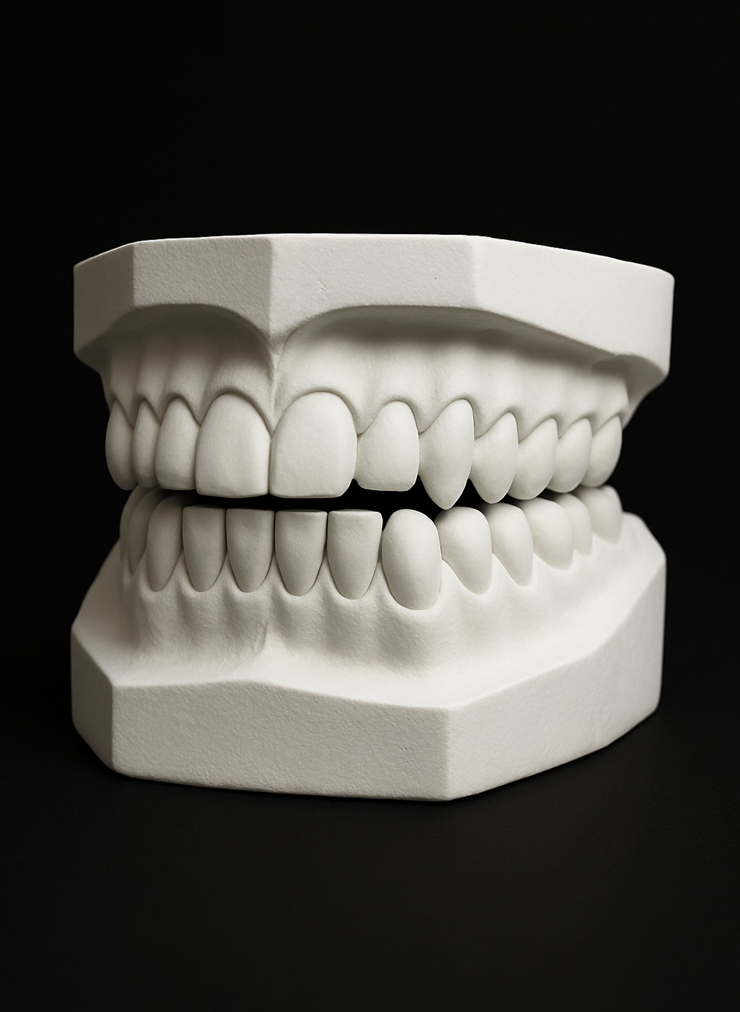 A white dental model with pronounced canine teeth, often used as a reference for sculpting vampire fangs through cosmetic or permanent dental options.