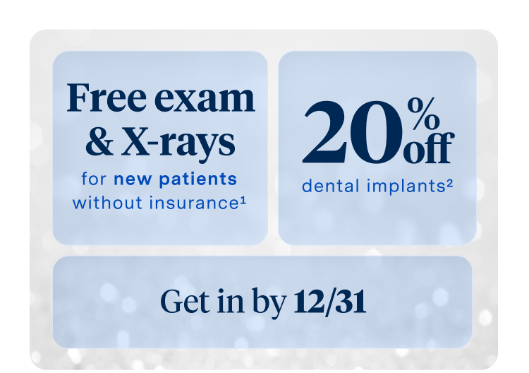 A promotional graphic offering a free exam and X-rays for new patients without insurance, 20% off dental services, and a reminder to schedule by 12/31, displayed on a soft blue background.