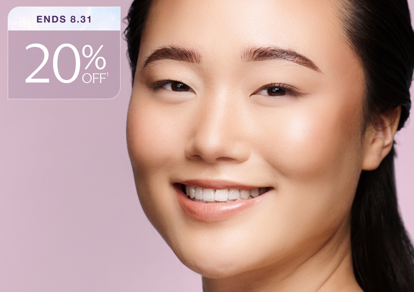 A closeup of a woman's face as she smiles against a lavender background, next to a graphic that reads "20% off ends 8.31"