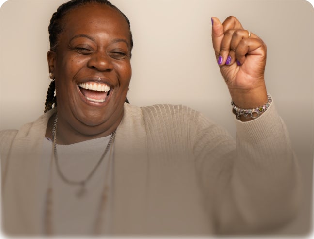 ClearChoice dental implant patient smiling with text “Celebrating smiles” promoting before and after smile transformations.