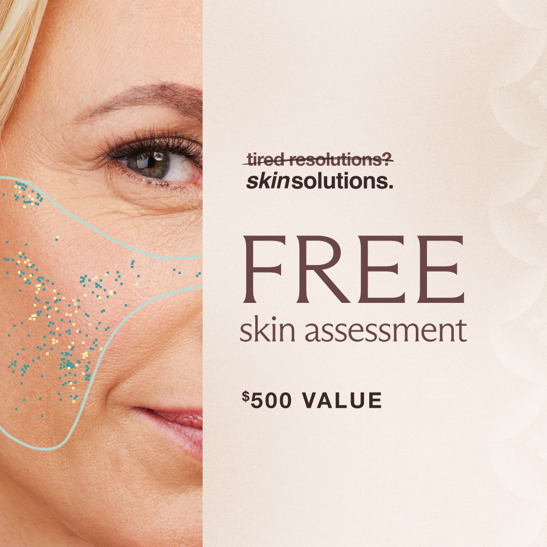 An advertisement for a free $500 skin assessment, featuring a woman's face with visual skin analysis elements