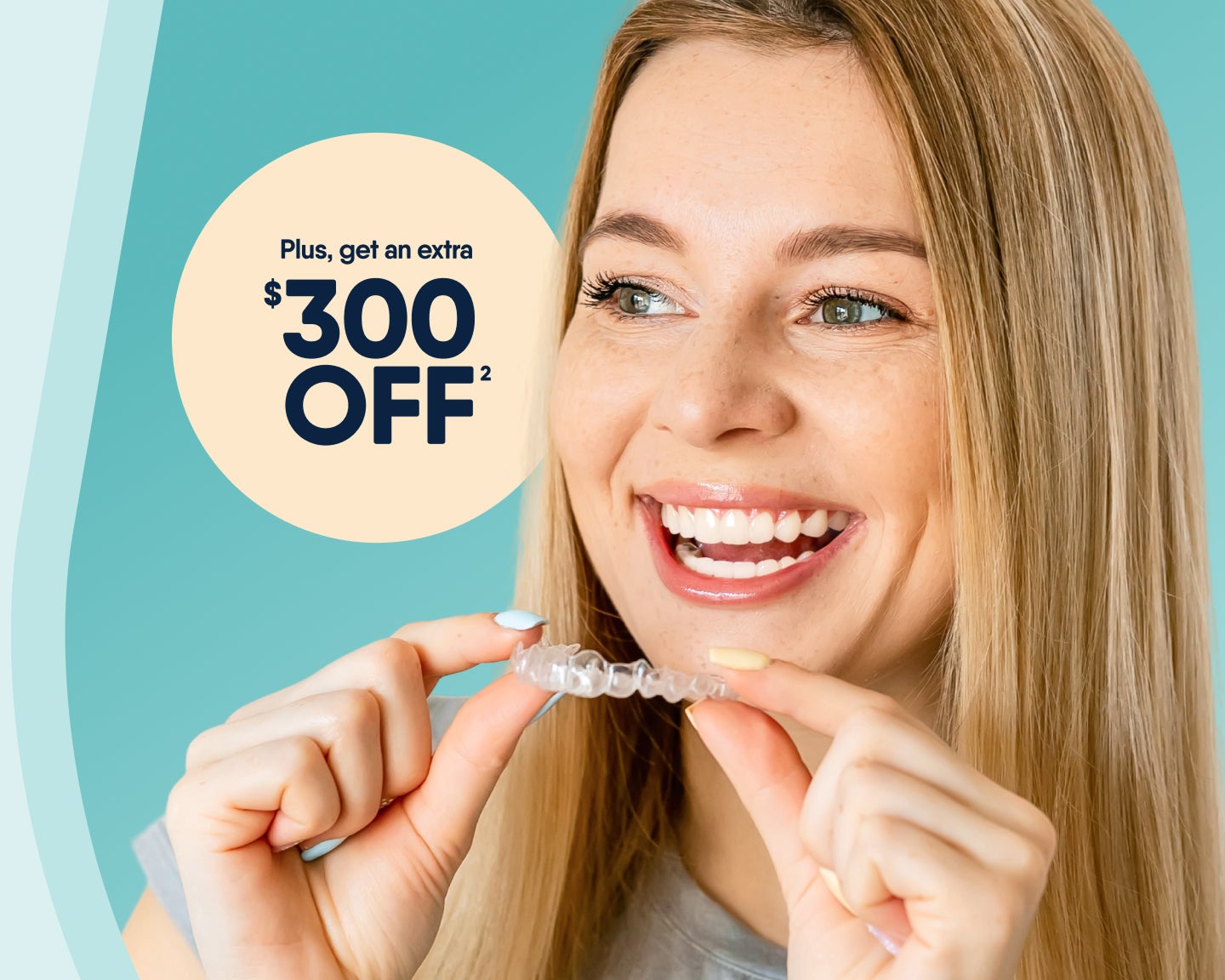 Smiling woman holding clear aligners with a $300 off offer