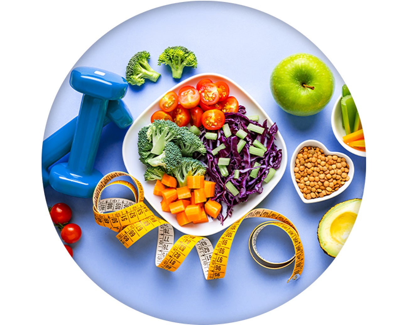 An abstract display of the healthy lifestyle best paired with GLP-1: weights, vegetables, fruits, and whole grains.