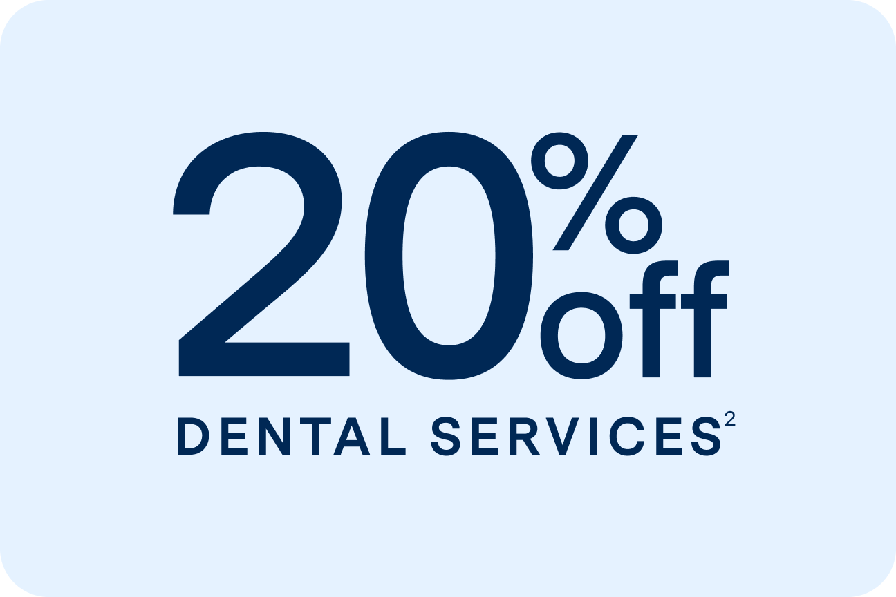A promotional banner displaying “20% off dental services²” in bold navy text on a light blue background.