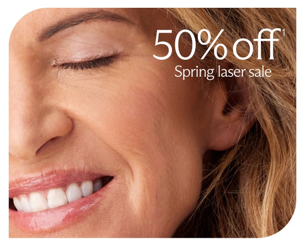 a promotional image of a smiling woman with glossy lips and smooth skin with text overlaid which reads "50% off spring laser sale"