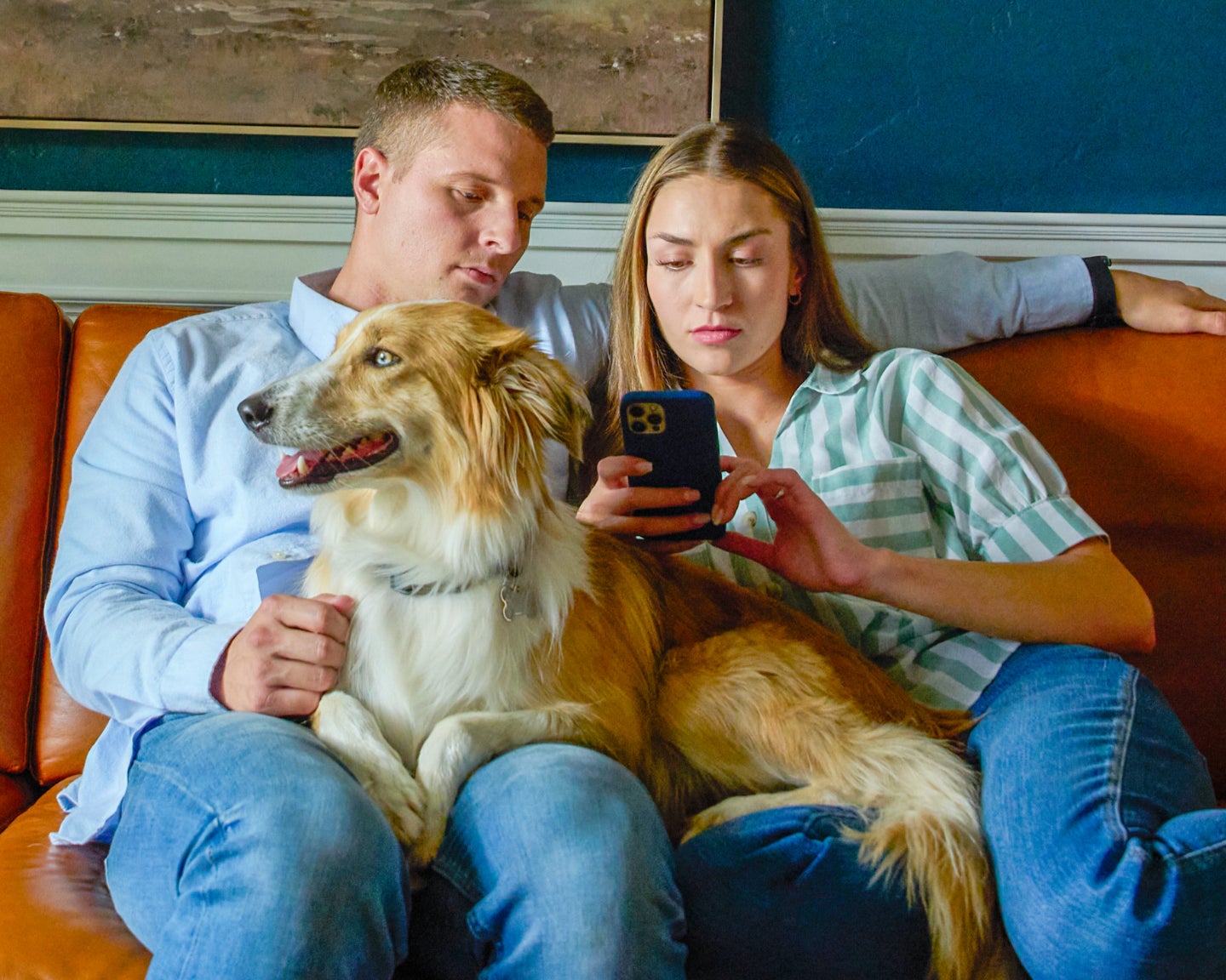 A couple sitting on a couch with their dog, looking at a phone together, representing pet parents seeking guidance about their pet’s health and determining if urgent care is needed.