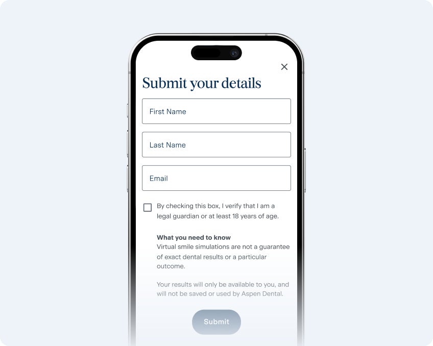 The second step of the Smile Preview application, where users submit their details to help them access their results.