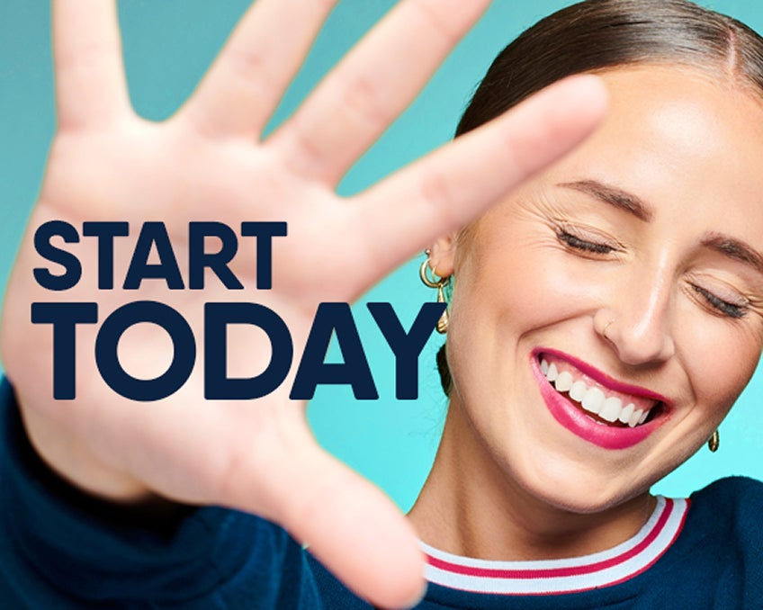 Smiling woman encouraging users to start clear aligner treatment today with a free scan and faster path to a straighter smile with Motto