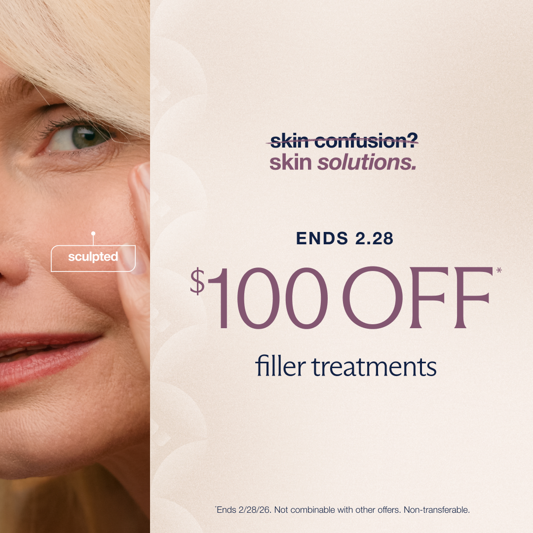 An ad featuring a woman and offering $100 off filler treatments, expiring 2.28