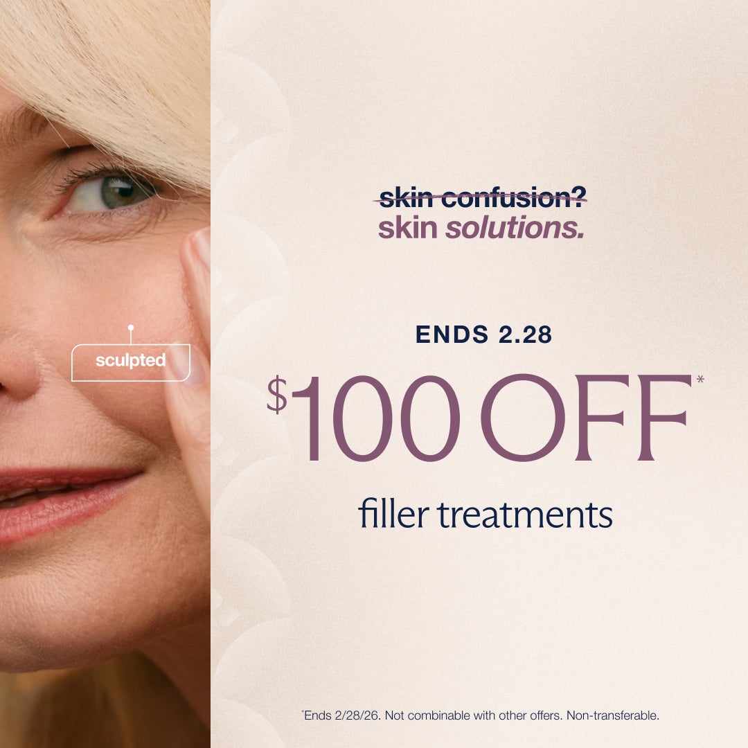 An ad featuring a woman and offering $100 off filler treatments, expiring 2.28