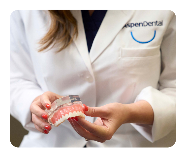 A dental professional in a white lab coat holding a dental model with artificial teeth and gums for demonstration purposes