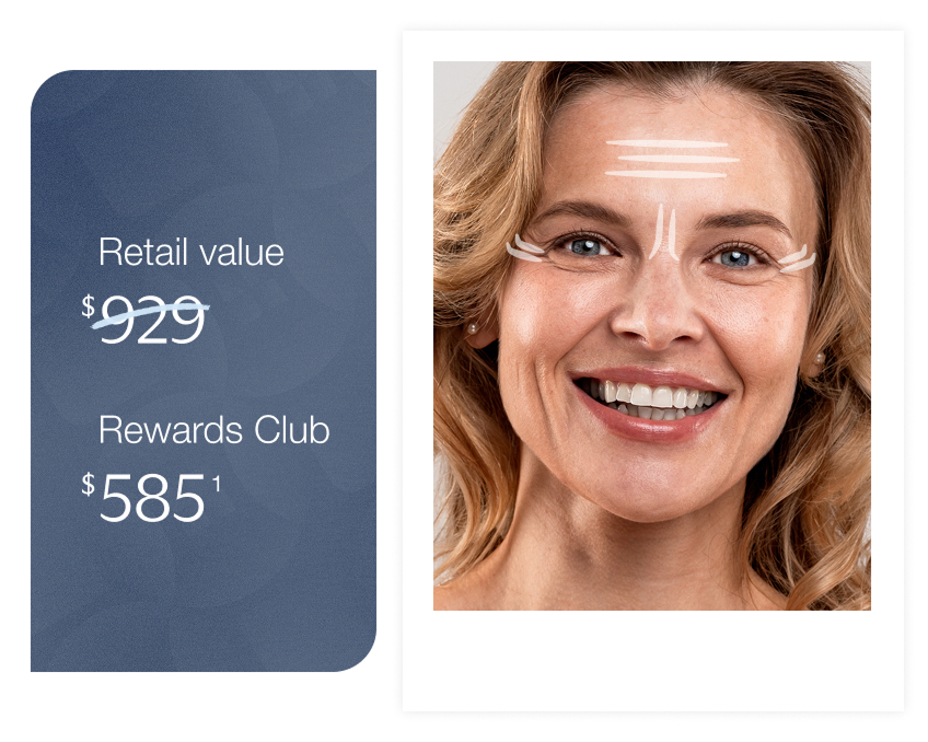 A smiling woman with white lines marking facial treatment areas, displayed alongside retail and discounted rewards club pricing